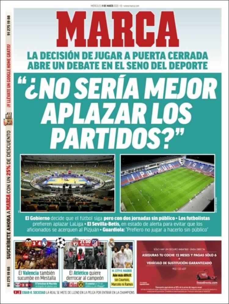 Noticias deportivas en los periódicos del mundo de 11 de marzo de 2020