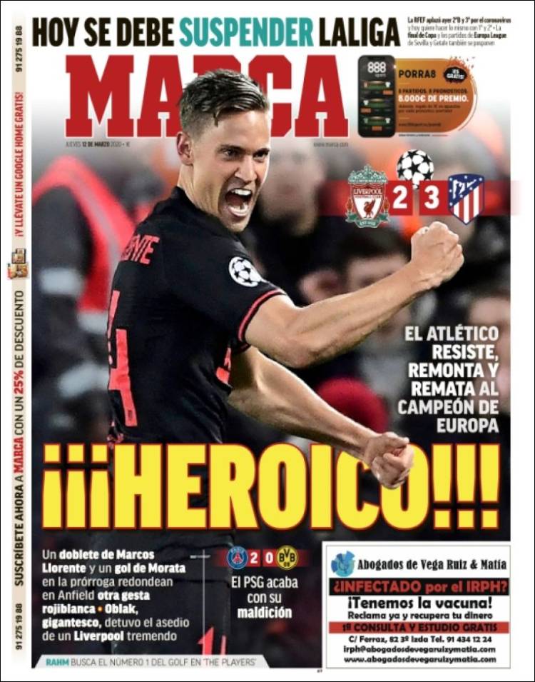 Noticias deportivas en los periódicos del mundo de 12 de marzo de 2020
