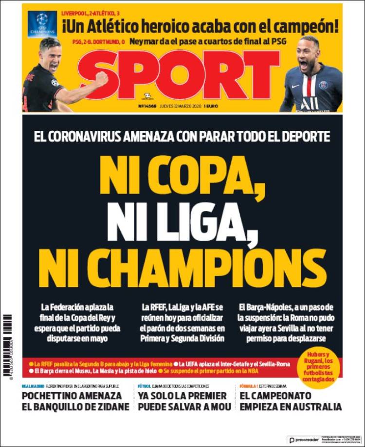 Noticias deportivas en los periódicos del mundo de 12 de marzo de 2020
