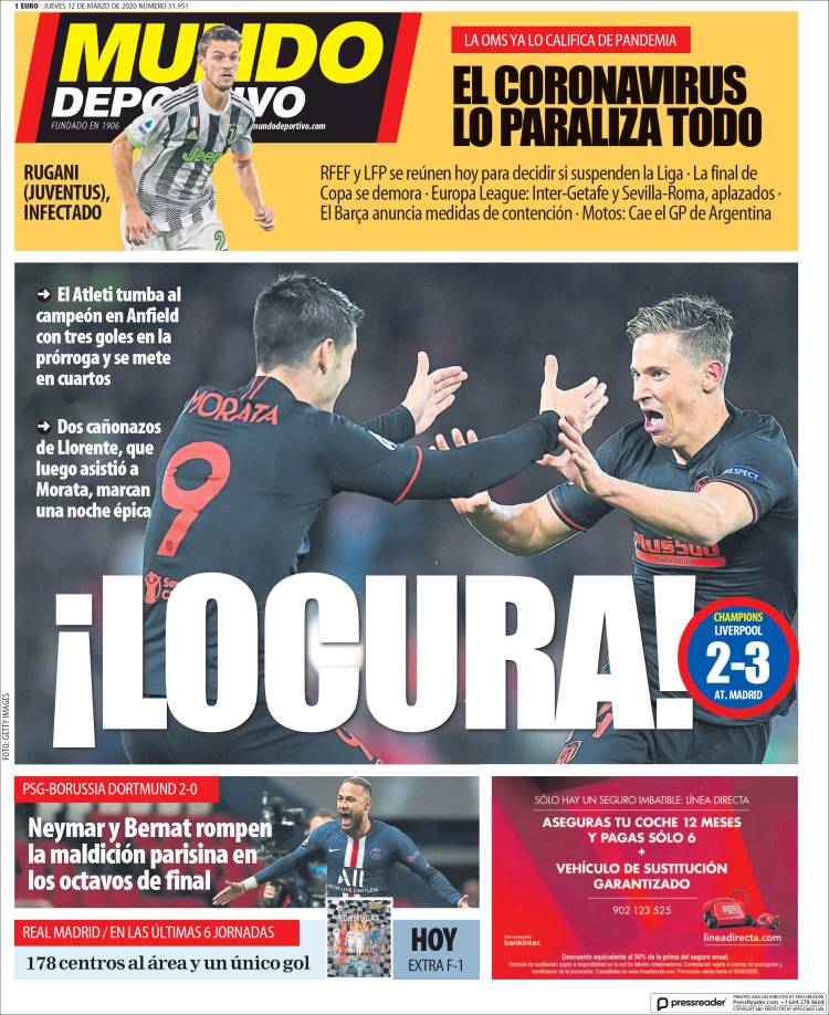 Noticias deportivas en los periódicos del mundo de 12 de marzo de 2020
