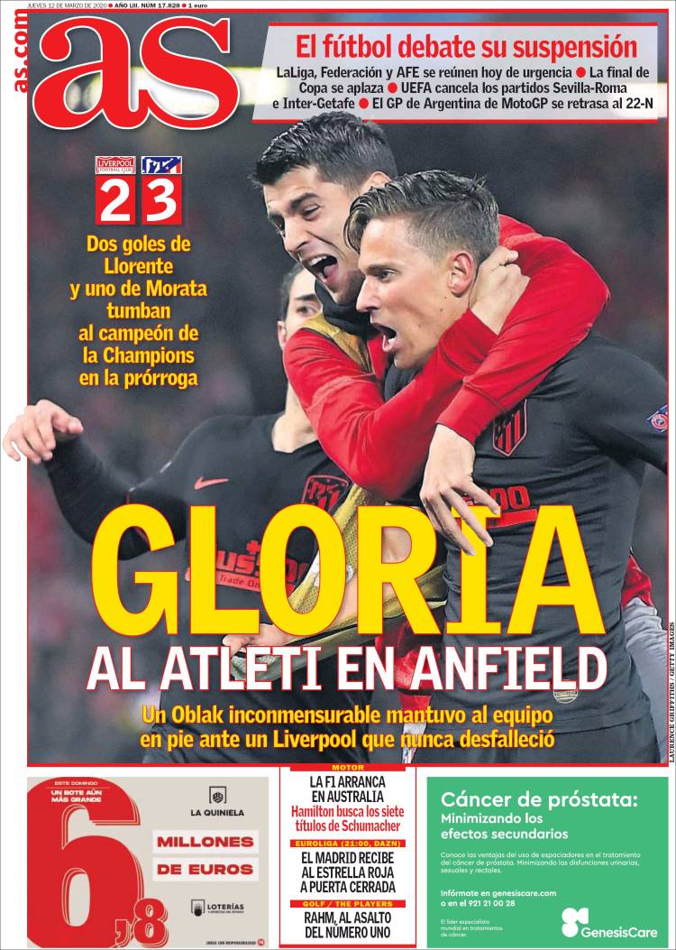 Noticias deportivas en los periódicos del mundo de 12 de marzo de 2020