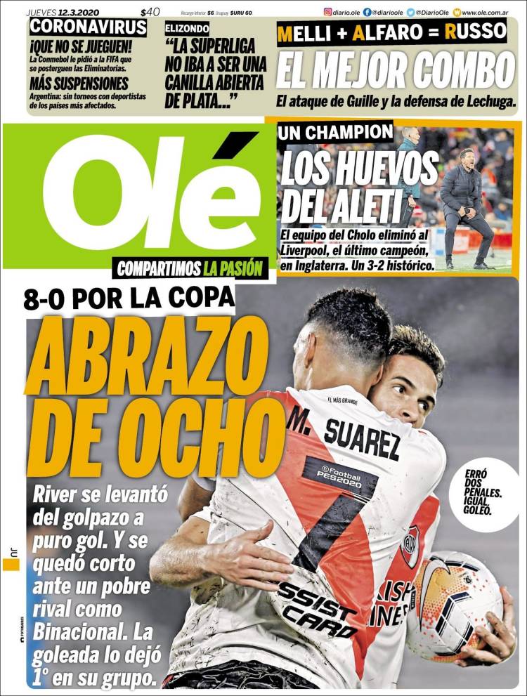 Noticias deportivas en los periódicos del mundo de 12 de marzo de 2020