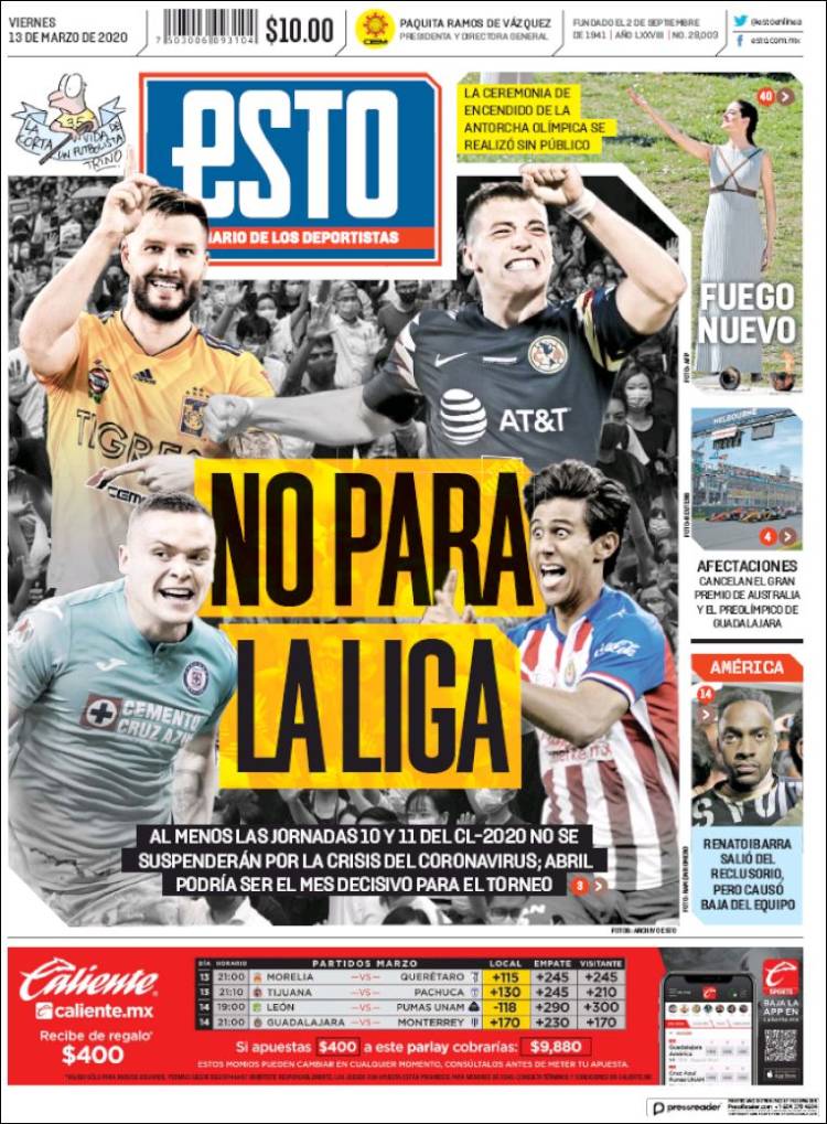 Noticias deportivas en los periódicos del mundo de 13 de marzo de 2020