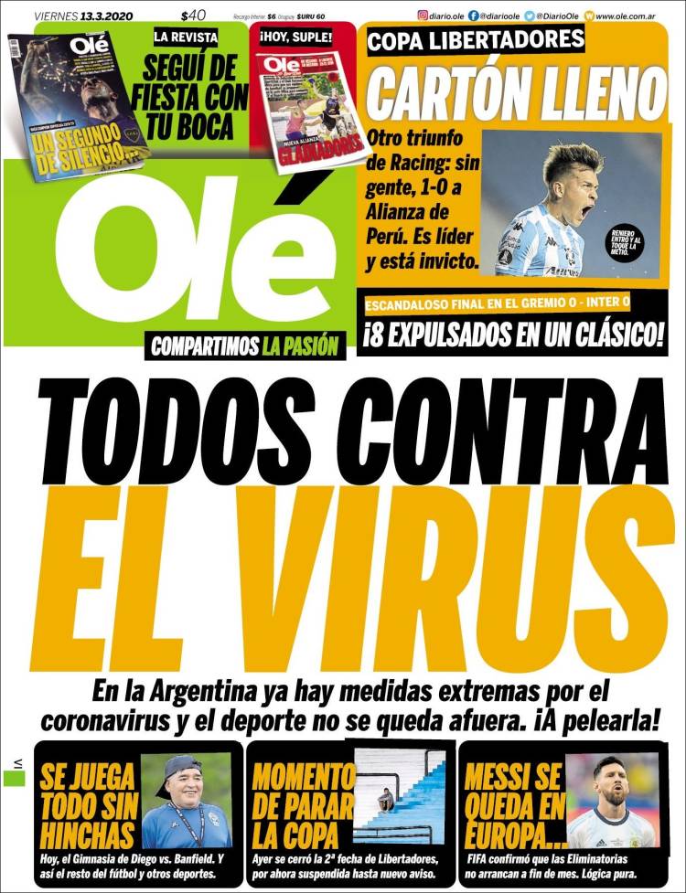 Noticias deportivas en los periódicos del mundo de 13 de marzo de 2020