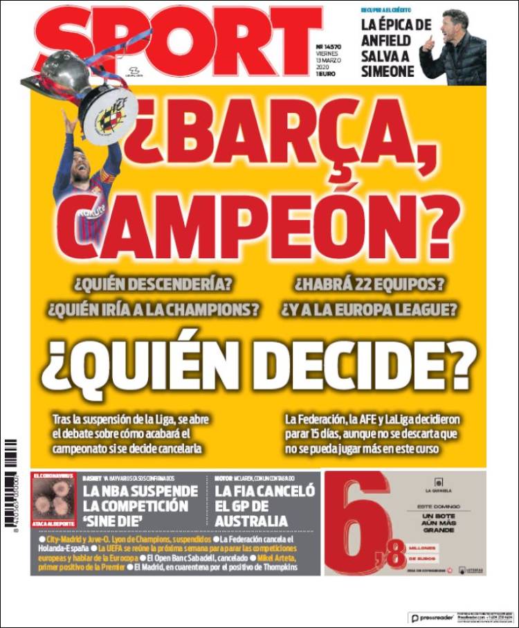 Noticias deportivas en los periódicos del mundo de 13 de marzo de 2020