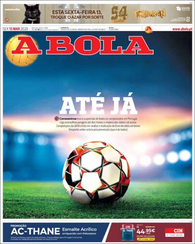 Noticias deportivas en los periódicos del mundo de 13 de marzo de 2020