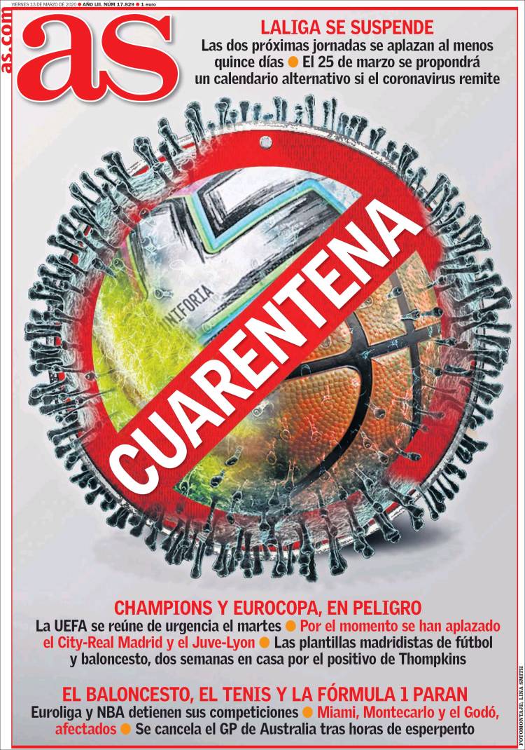 Noticias deportivas en los periódicos del mundo de 13 de marzo de 2020