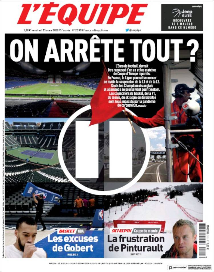 Noticias deportivas en los periódicos del mundo de 13 de marzo de 2020
