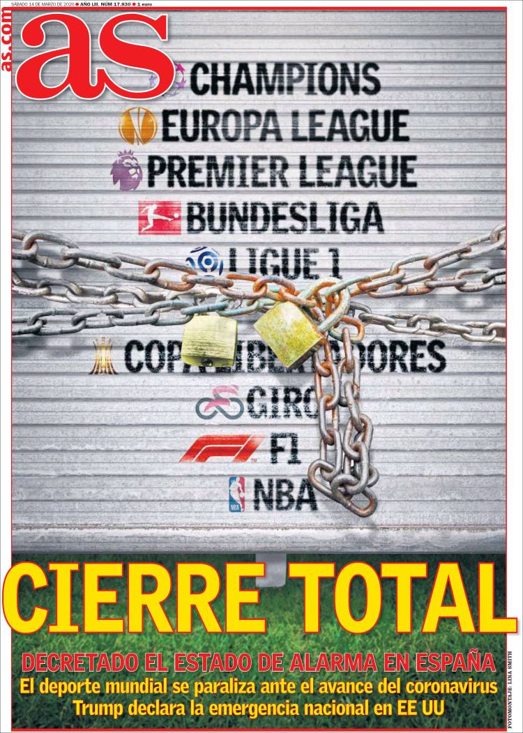 Noticias deportivas en los periódicos del mundo de 14 de marzo de 2020