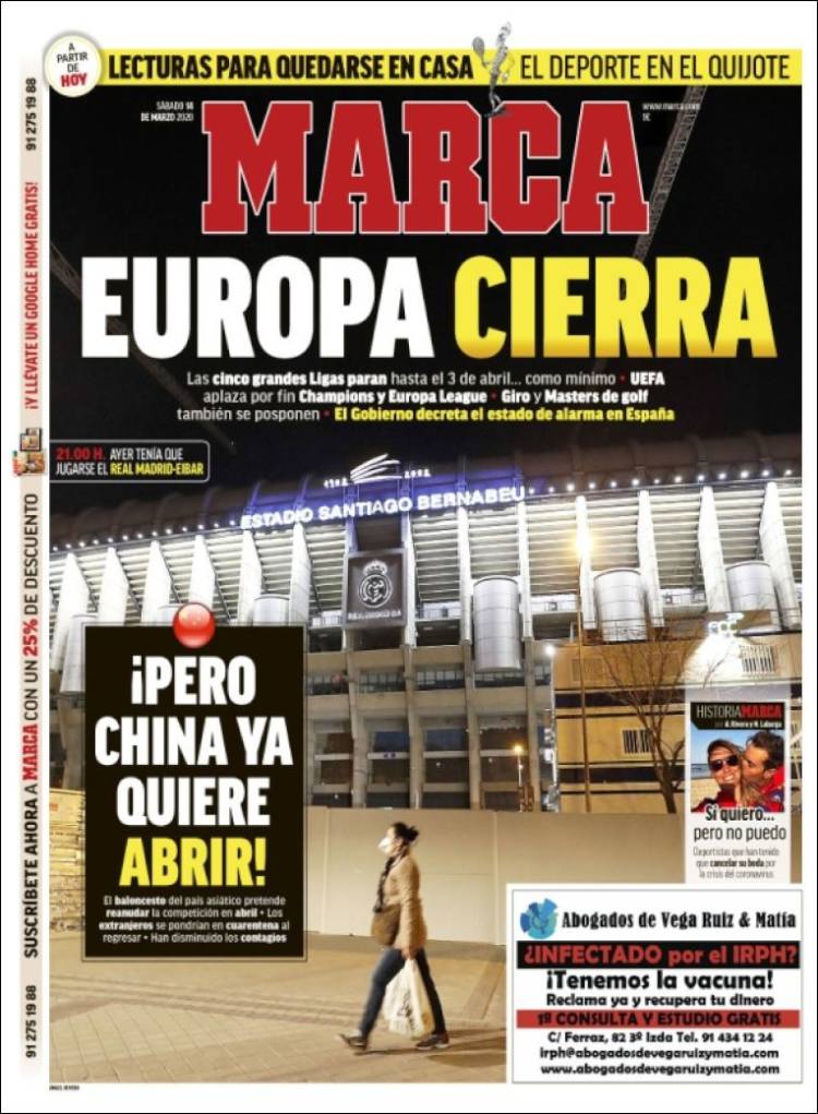 Noticias deportivas en los periódicos del mundo de 14 de marzo de 2020