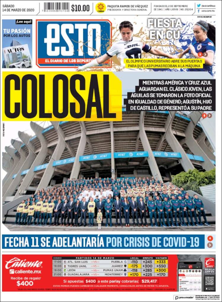 Noticias deportivas en los periódicos del mundo de 14 de marzo de 2020