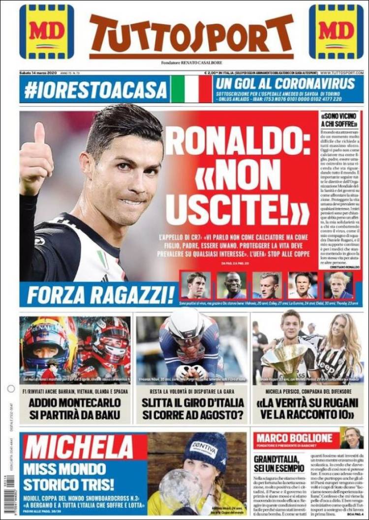 Noticias deportivas en los periódicos del mundo de 14 de marzo de 2020