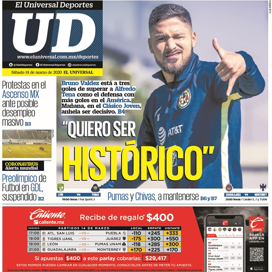 Noticias deportivas en los periódicos del mundo de 14 de marzo de 2020