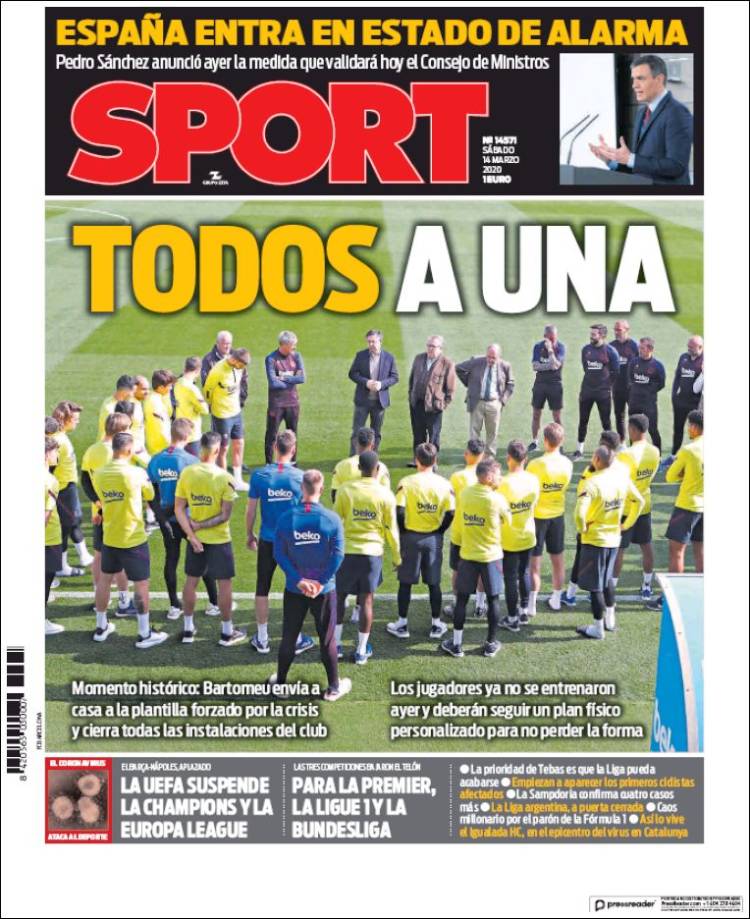 Noticias deportivas en los periódicos del mundo de 14 de marzo de 2020