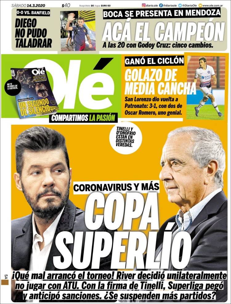 Noticias deportivas en los periódicos del mundo de 14 de marzo de 2020