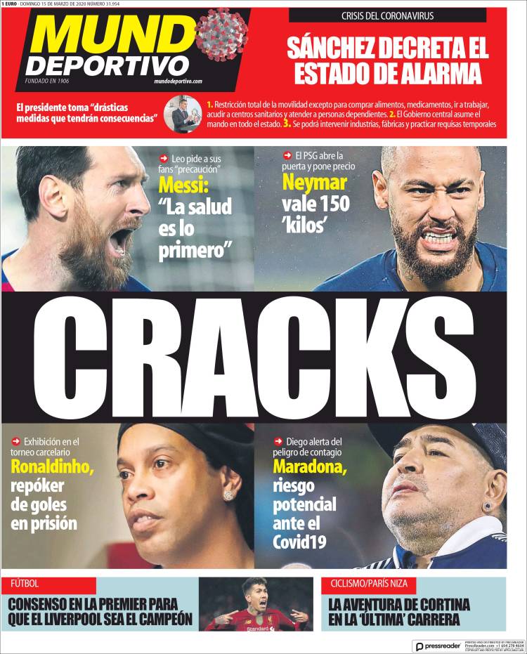 Noticias deportivas en los periódicos del mundo de 15 de marzo de 2020