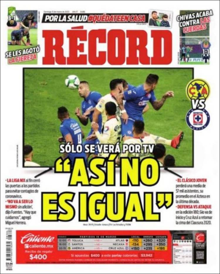 Noticias deportivas en los periódicos del mundo de 15 de marzo de 2020