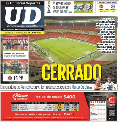Noticias deportivas en los periódicos del mundo de 15 de marzo de 2020