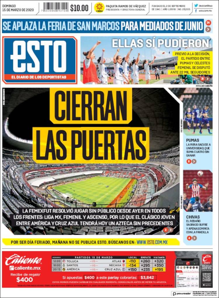 Noticias deportivas en los periódicos del mundo de 15 de marzo de 2020