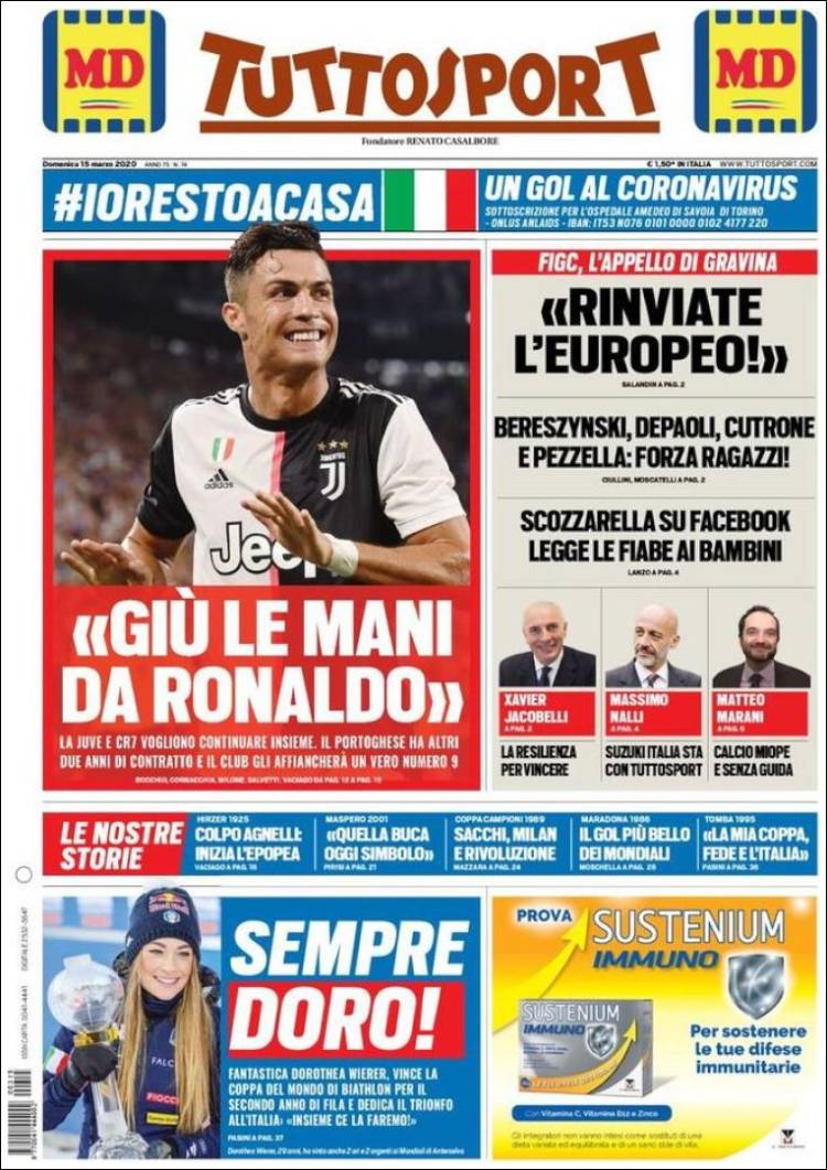 Noticias deportivas en los periódicos del mundo de 15 de marzo de 2020