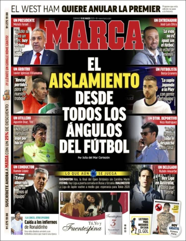 Noticias deportivas en los periódicos del mundo de 15 de marzo de 2020