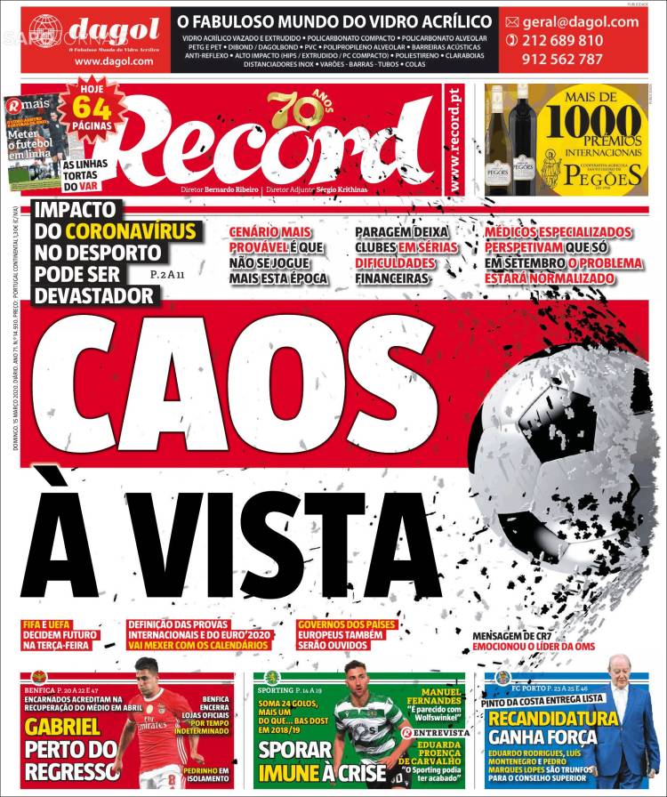 Noticias deportivas en los periódicos del mundo de 15 de marzo de 2020