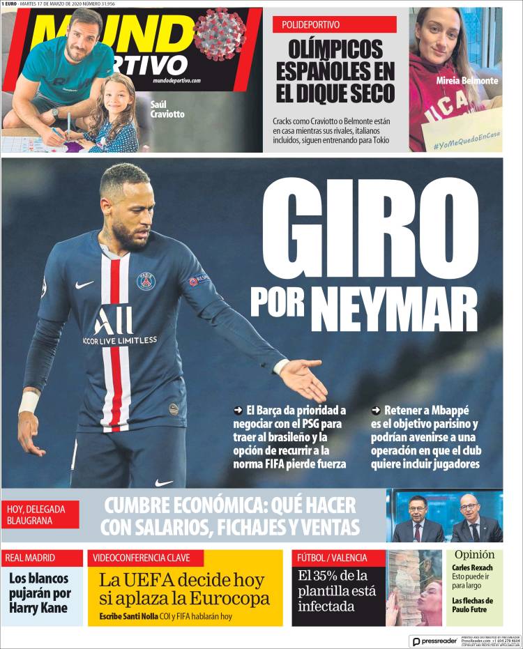 Noticias deportivas en los periódicos del mundo de 17 de marzo de 2020