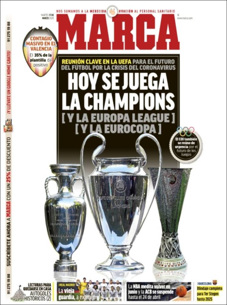 Noticias deportivas en los periódicos del mundo de 17 de marzo de 2020