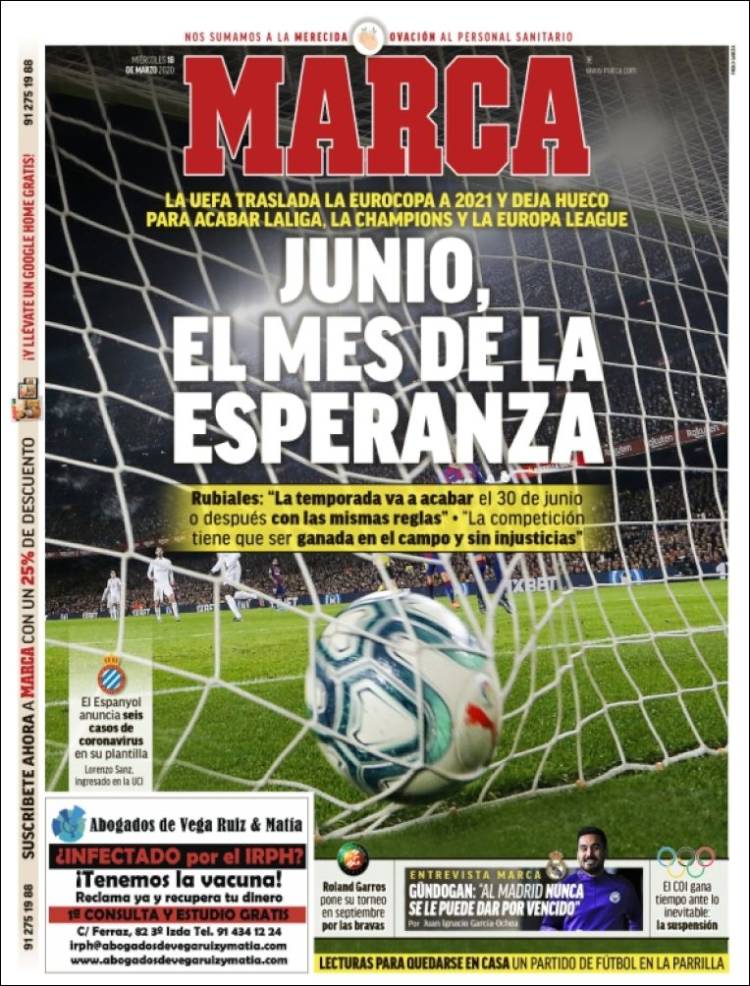 Noticias deportivas en los periódicos del mundo de 18 de marzo de 2020