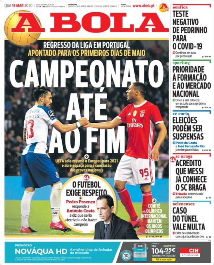 Noticias deportivas en los periódicos del mundo de 18 de marzo de 2020