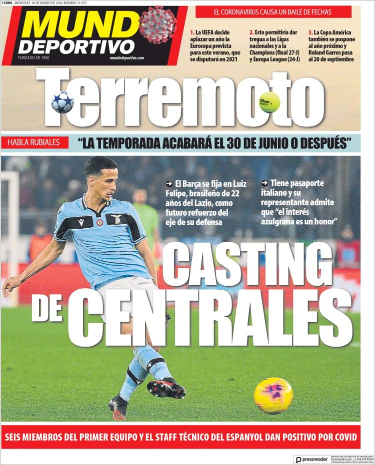 Noticias deportivas en los periódicos del mundo de 18 de marzo de 2020