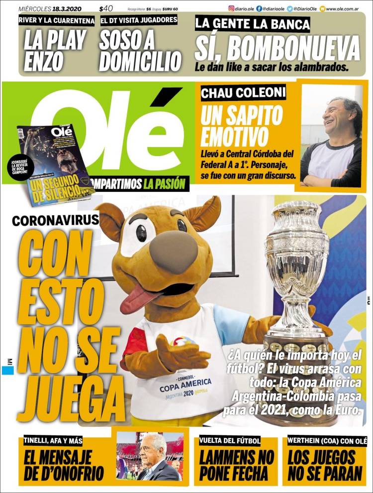 Noticias deportivas en los periódicos del mundo de 18 de marzo de 2020