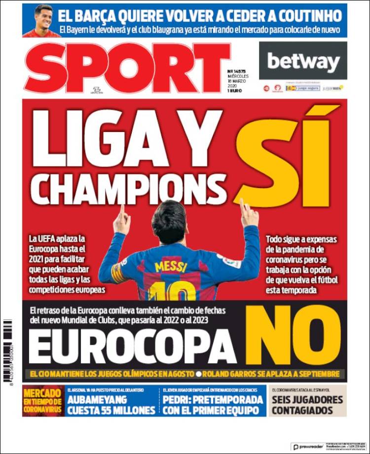 Noticias deportivas en los periódicos del mundo de 18 de marzo de 2020