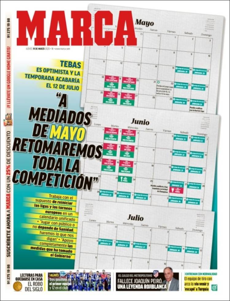 Noticias deportivas en los periódicos del mundo de 19 de marzo de 2020