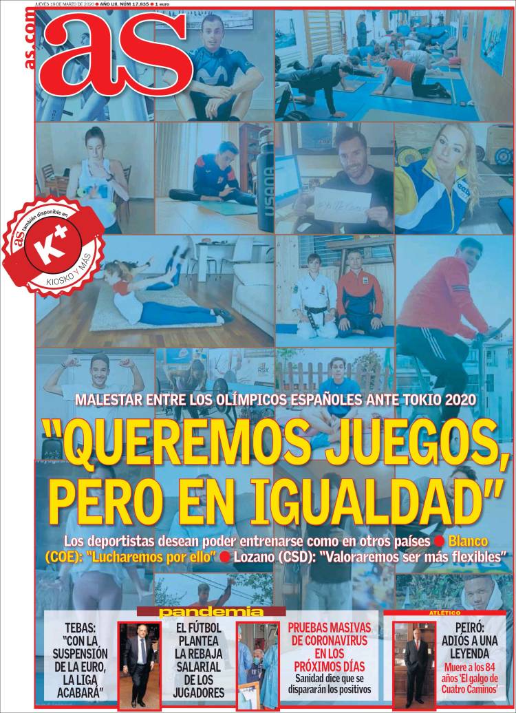 Noticias deportivas en los periódicos del mundo de 19 de marzo de 2020
