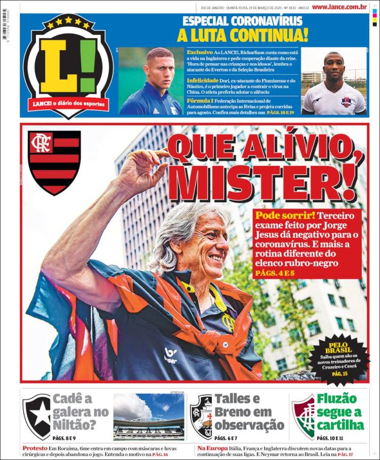 Noticias deportivas en los periódicos del mundo de 19 de marzo de 2020