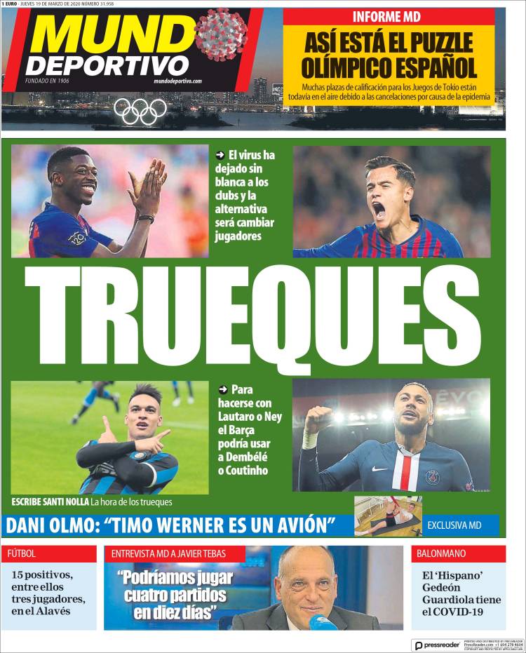 Noticias deportivas en los periódicos del mundo de 19 de marzo de 2020