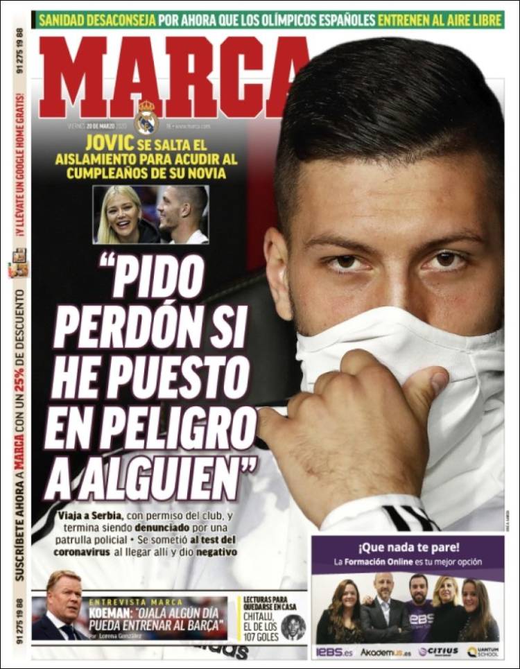 Noticias deportivas en los periódicos del mundo de 20 de marzo de 2020