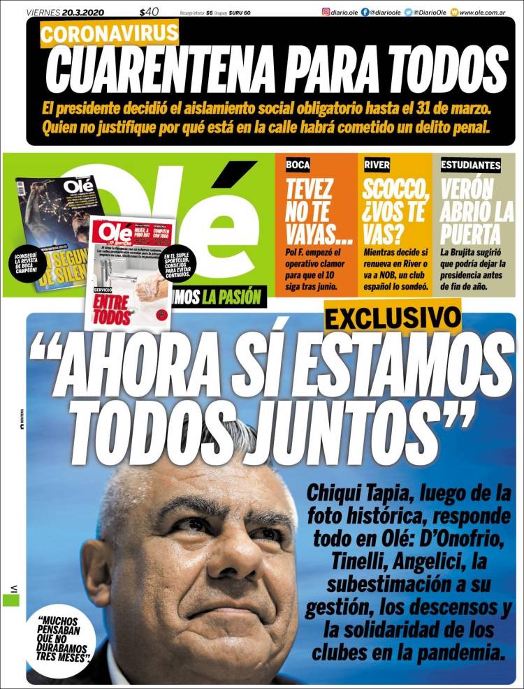 Noticias deportivas en los periódicos del mundo de 20 de marzo de 2020