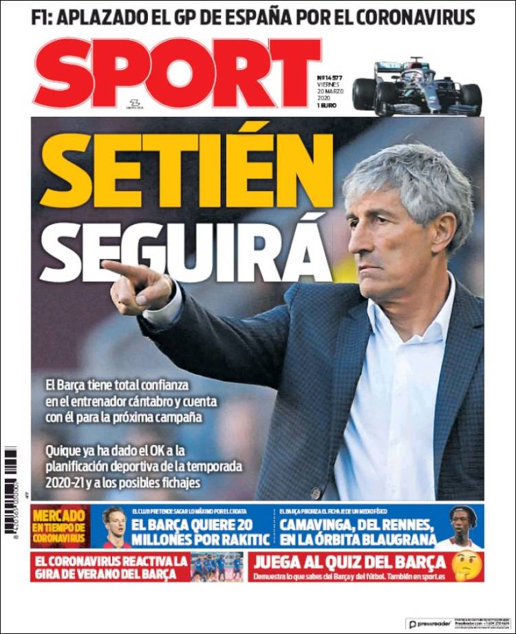 Noticias deportivas en los periódicos del mundo de 20 de marzo de 2020