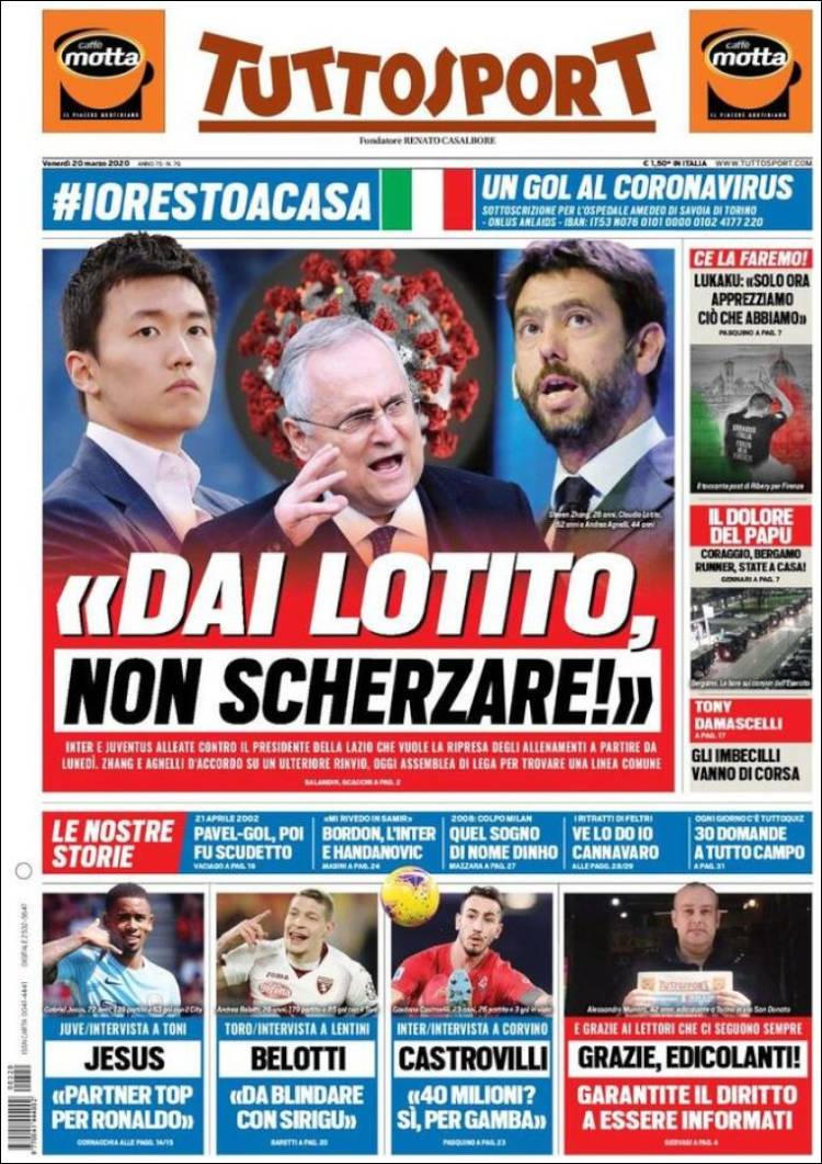 Noticias deportivas en los periódicos del mundo de 20 de marzo de 2020