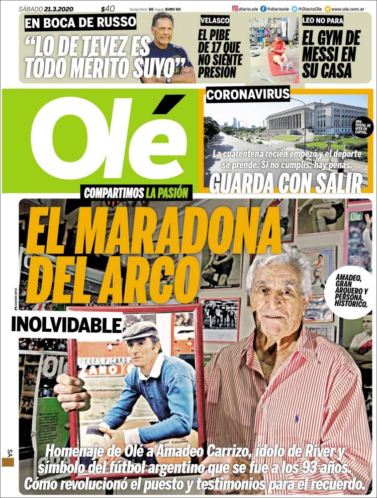 Noticias deportivas en los periódicos del mundo de 21 de marzo de 2020