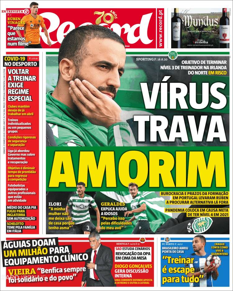 Noticias deportivas en los periódicos del mundo de 21 de marzo de 2020
