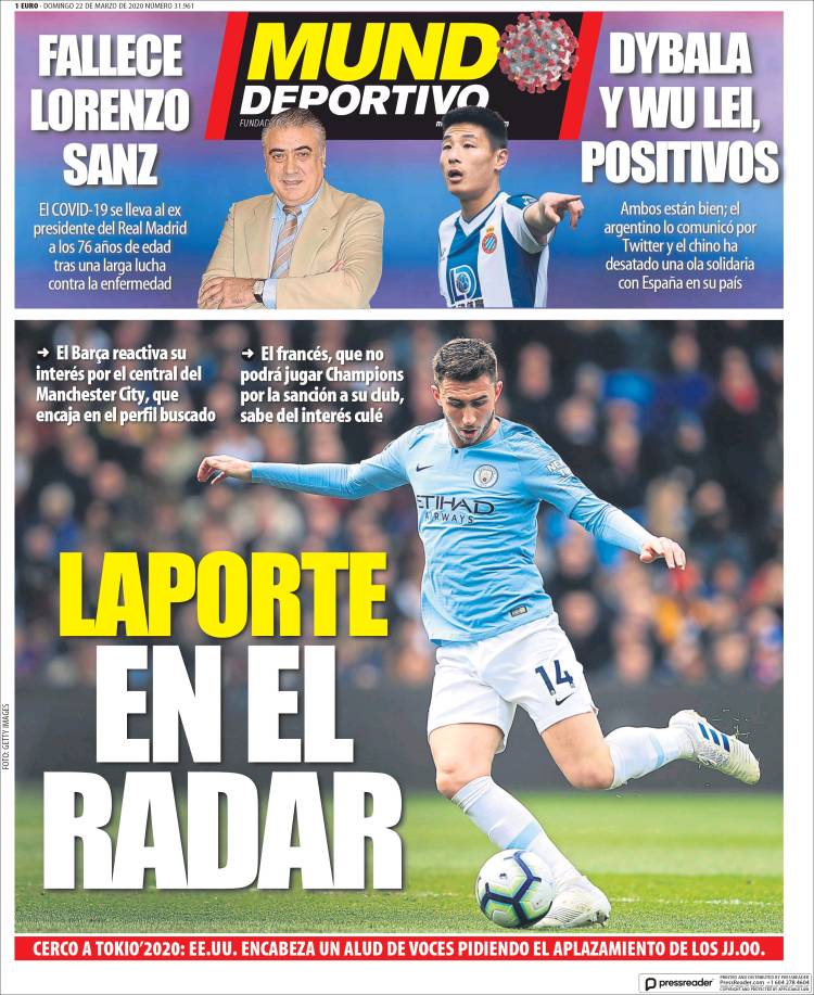 Noticias deportivas en los periódicos del mundo de 22 de marzo de 2020