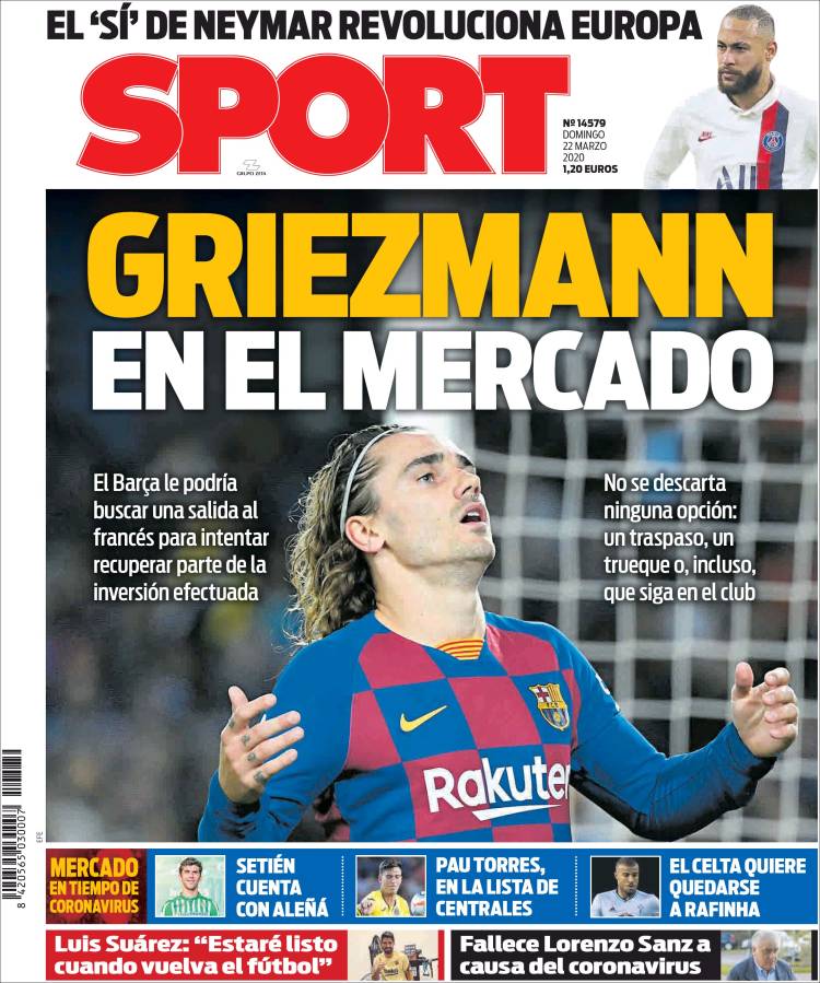Noticias deportivas en los periódicos del mundo de 22 de marzo de 2020