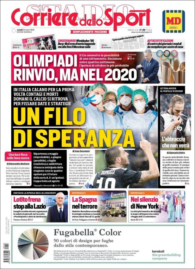 Noticias deportivas en los periódicos del mundo de 23 de marzo de 2020