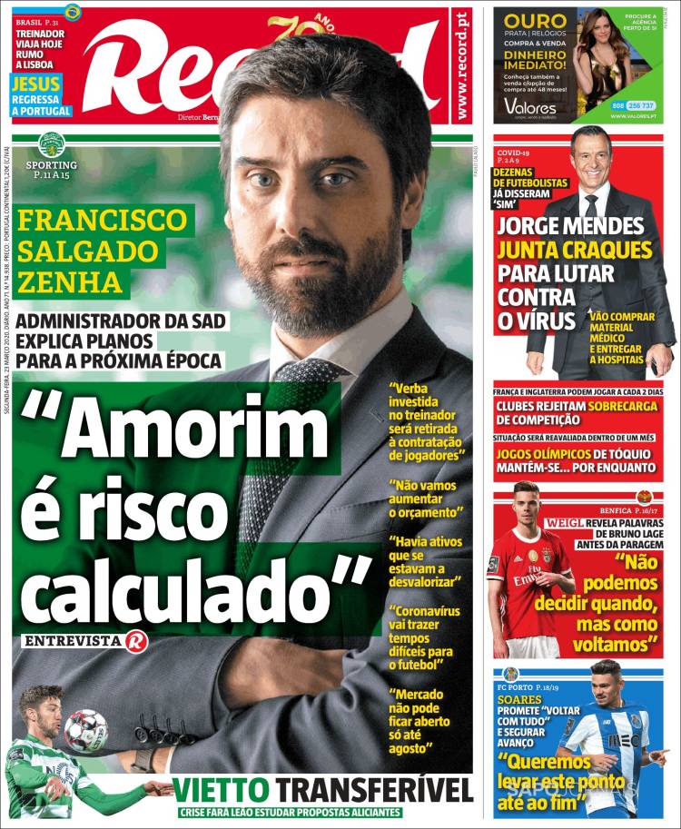 Noticias deportivas en los periódicos del mundo de 23 de marzo de 2020