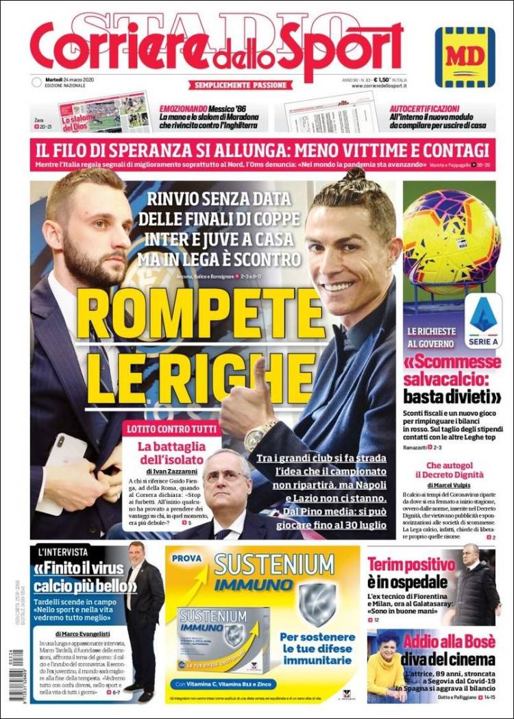 Noticias deportivas en los periódicos del mundo de 24 de marzo de 2020