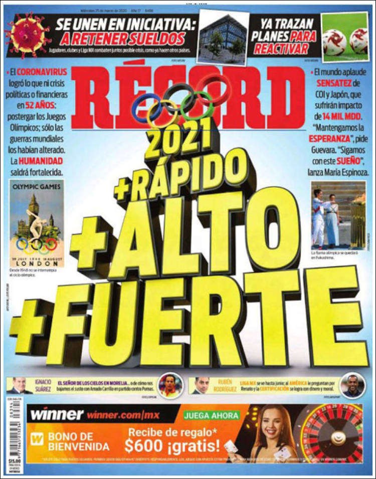 Noticias deportivas en los periódicos del mundo de 25 de marzo de 2020