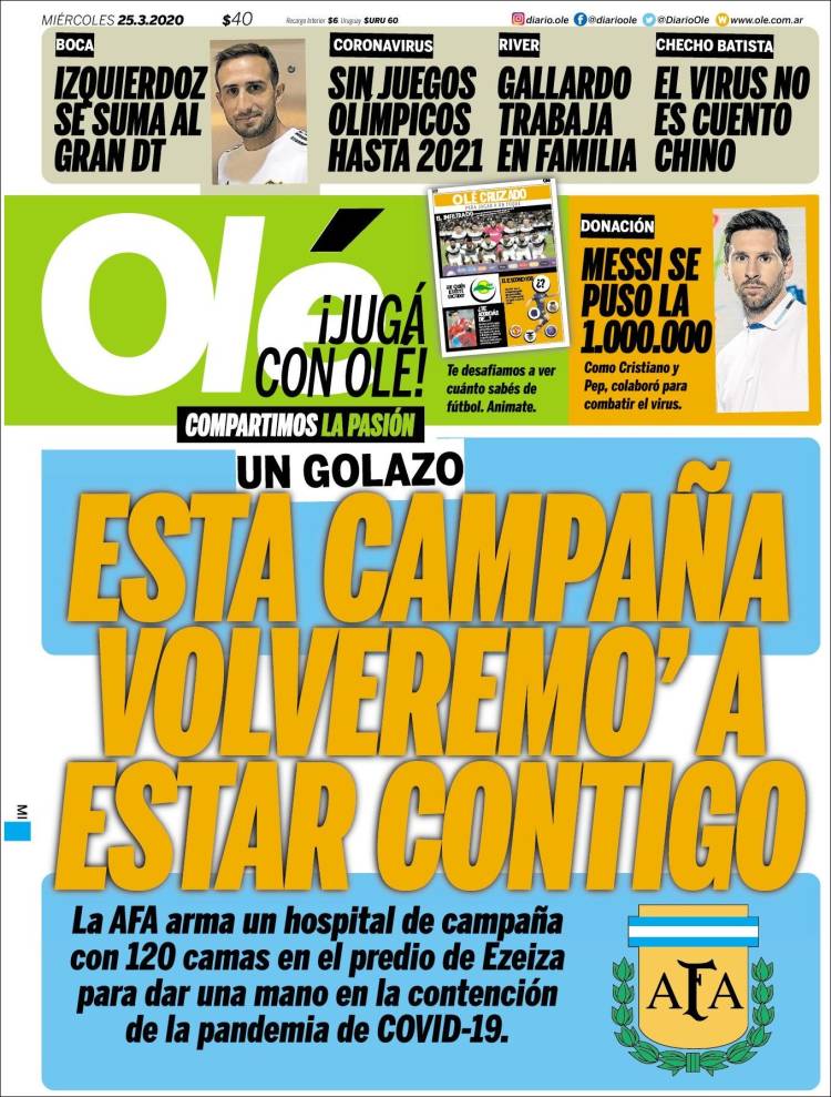 Noticias deportivas en los periódicos del mundo de 25 de marzo de 2020
